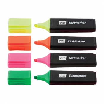 Textmarker RTC, varf 2-5 mm, 4 culori/set ( galben, portocaliu, roz, verde)